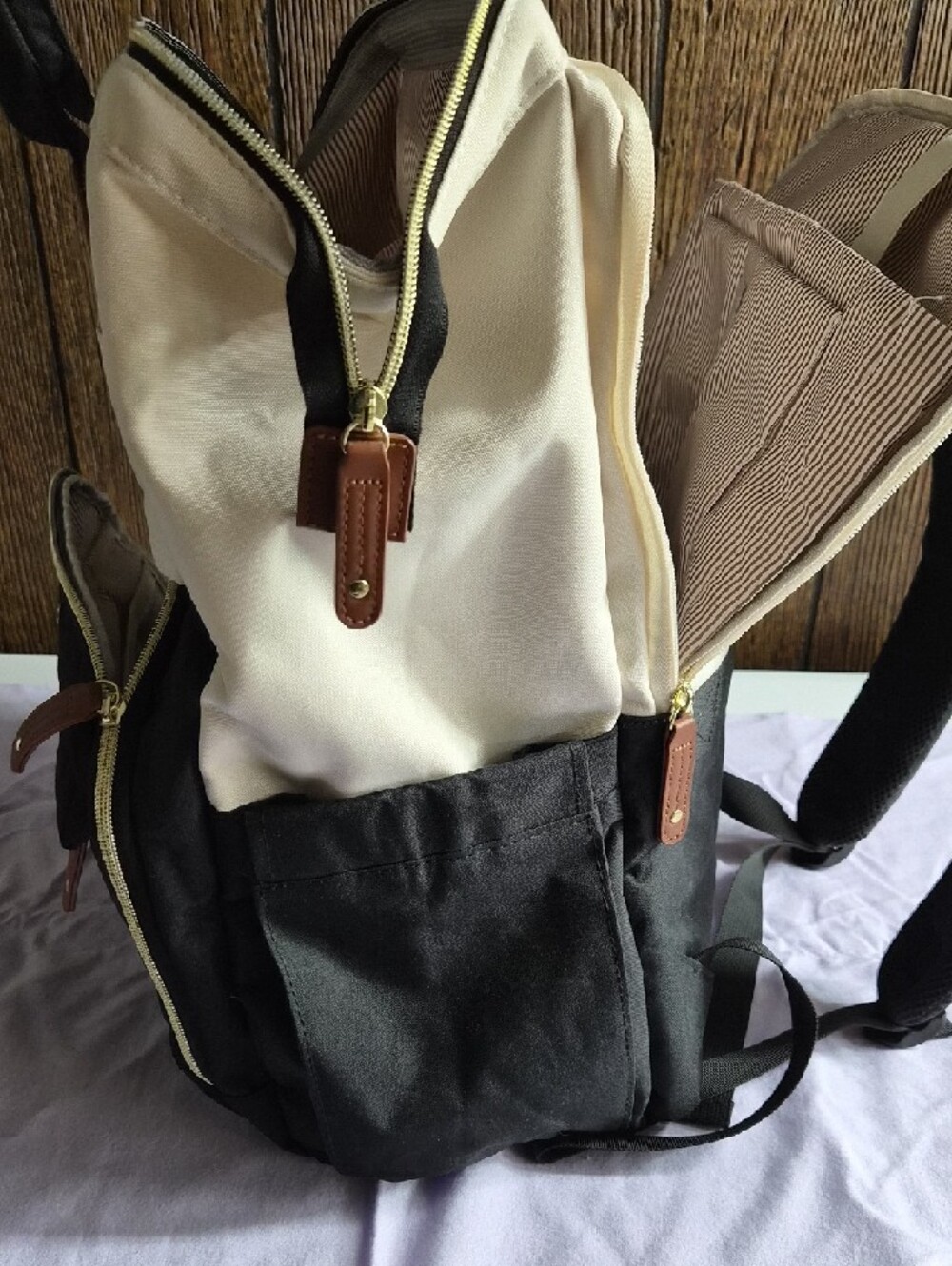 Quilted Black & Cream Canvas Backpack with Brown Trim XL - Picture 4 of 11